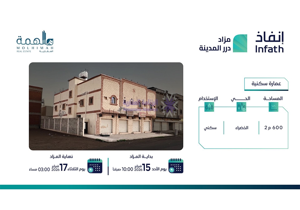 عمارة سكنية بحي الخضراء بمساحة 600 م² في المدينة المنورة